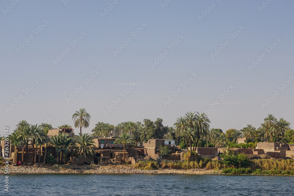 Nile River, Egypt: Houses and palm trees line the east bank of the Nile River.
