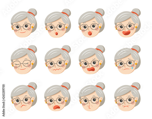 Cute grandma in glasses with facial emotions. Grandma face with different expressions.Granny in cartoon style vector illustration.