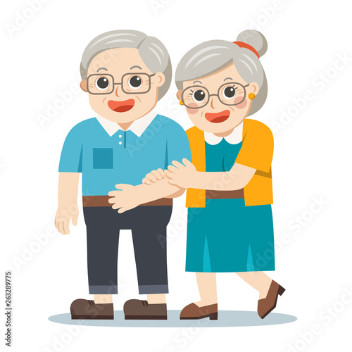 Grandpa and grandma standing together. Two old persons man and woman of retirees.