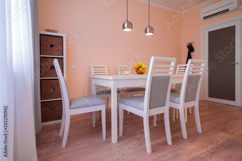 Interior. Kitchen modern  white  gray  beige color