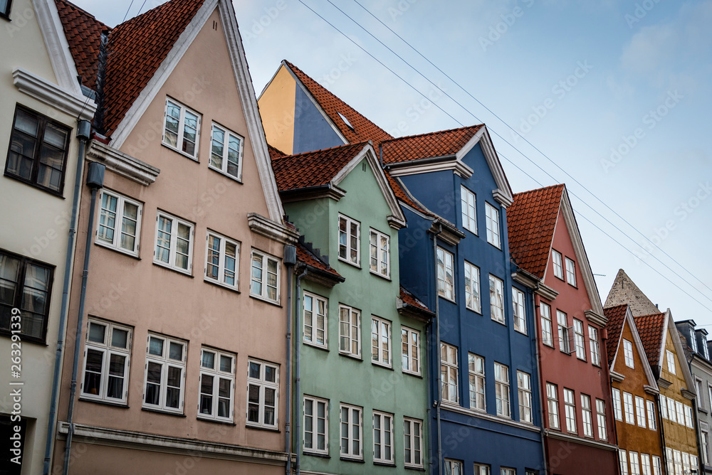 Colourful historical houses in Landemarket Street in the Old Town, Copenhagen, Denmark