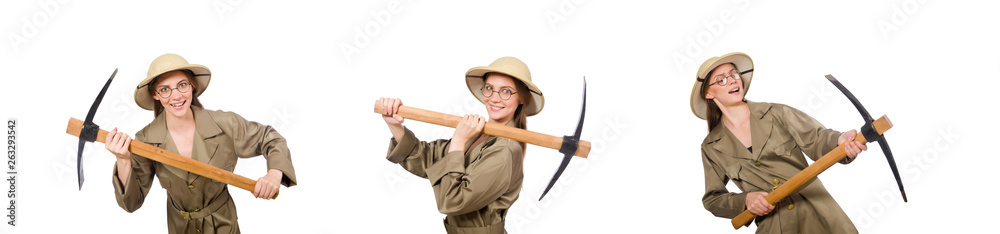 Woman wearing safari hat on white Woman wearing safari hat on white
