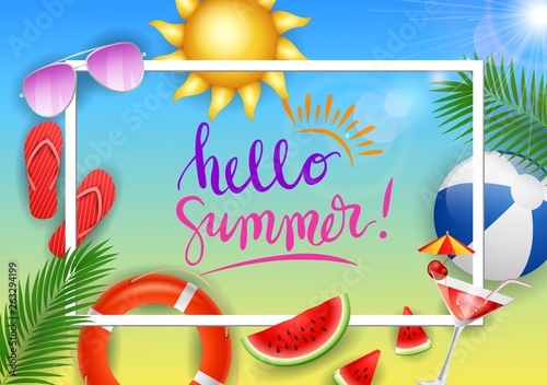 web banner Hello summer with beauty blue sky background . Vector illustration