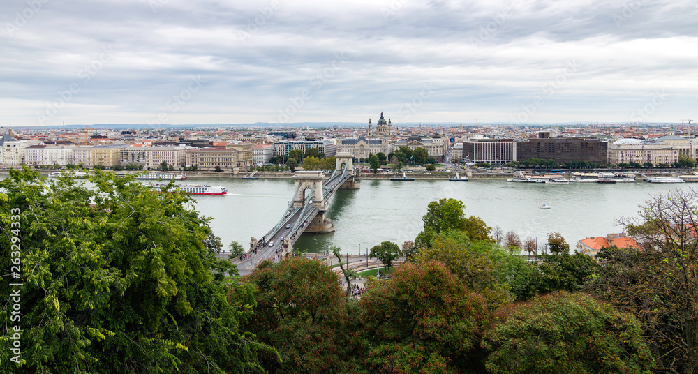 Views of the Chain Bridge and St. Stephen's Cathedral from Buda Castle, Budapest, Hungary