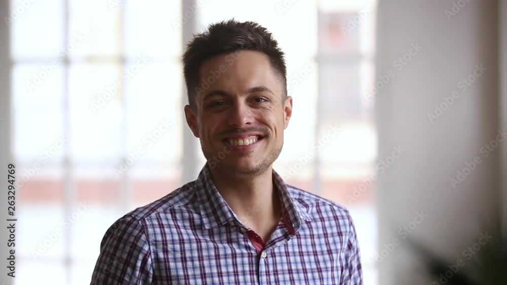 Video portrait of happy millennial adult man at home Video portrait of happy millennial adult man at home