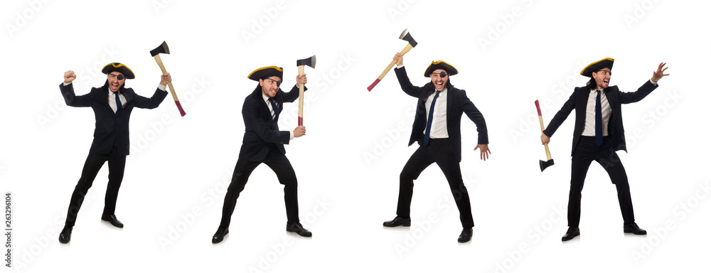 Pirate businessman with axe isolated on white Pirate businessman with axe isolated on white