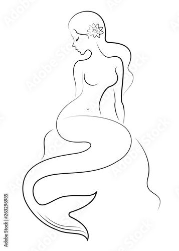 Silhouette of a fairy mermaid. Beautiful girl is sitting on a rock. The lady is young and slender. Vector illustration