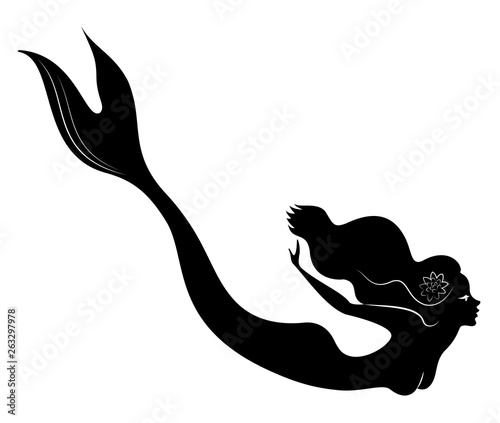 Silhouette of a mermaid. Beautiful girl is floating in the water. The lady is young and slender. Fantastic image of a fairy tale. Vector illustration