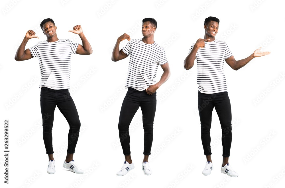 Obraz premium Set of Dark skinned man with striped shirt proud and self-satisfied in love yourself concept