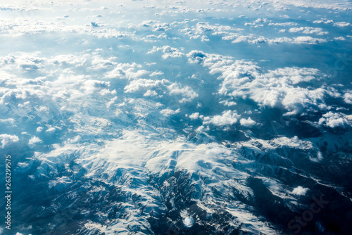 Top view of white clouds above the ground or water