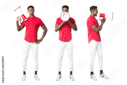 Set of Young african american man shouting through a megaphone to announce something in lateral position photo