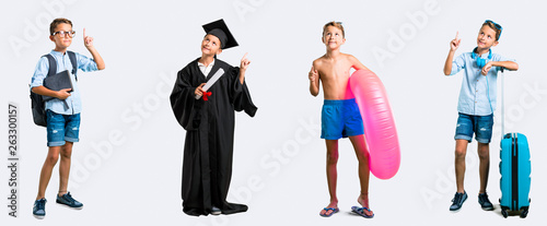 Set of student and traveller kid pointing with the index finger a great idea