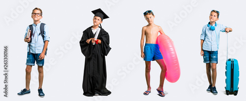 Set of student and traveller kid having doubts and with confuse face expression