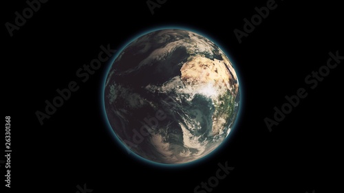Realistic Earth Rotating on black background Loop . Globe is centered in frame, with correct rotation in seamless loop.