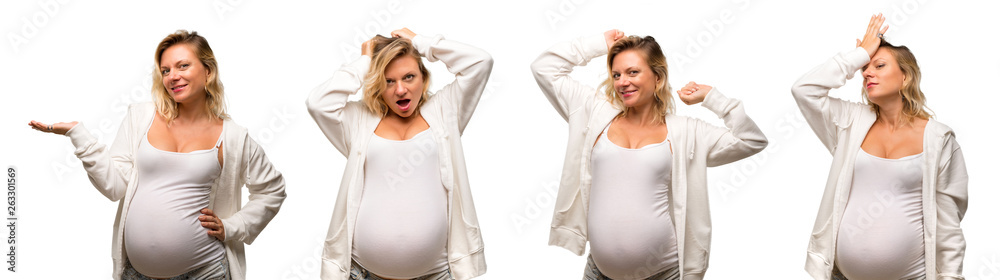 Set of Pregnant blonde woman with white sweatshirt unhappy and frustrated, and happy and holding something Set of Pregnant blonde woman with white sweatshirt unhappy and frustrated, and happy and holding something