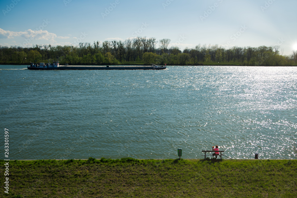 Obraz premium Schiff fährt auf der Donau 