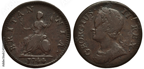 Great Britain British copper coin 1 one farthing 1744, seated Britannia holding olive sprig and lance, oval shield at right, head of King George II right,