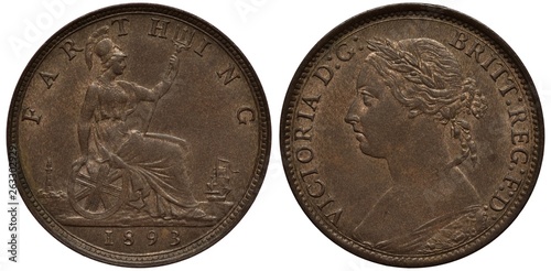 Фотография Great Britain British copper coin 1 one farthing 1893, seated Britannia holding