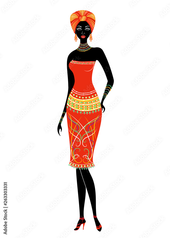 Slender beautiful African-American lady. The girl has bright clothes, a turban on her head. The woman is slender and beautiful. Vector illustration