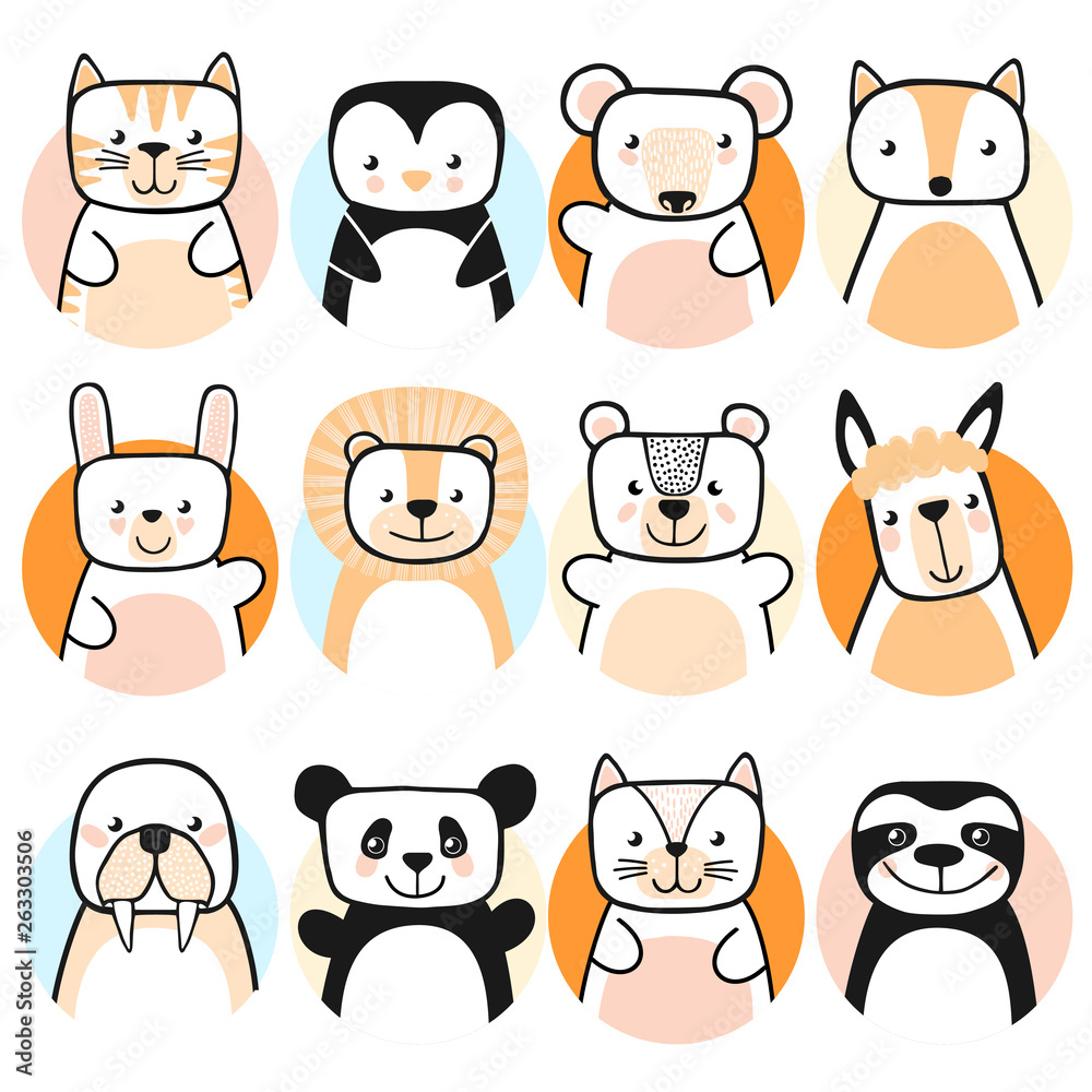 Set of cute animals. Cartoon characters. Vector. Set of cute animals. Cartoon characters. Vector.