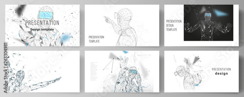 The minimalistic abstract vector illustration of the editable layout of the presentation slides design business templates. Man with glasses of virtual reality. Abstract vr, future technology concept.