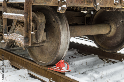 Railway brake shoe under the train wheel on the rails