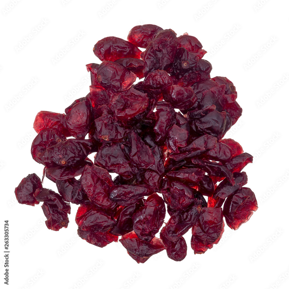 Dried red cranberries isolated on white, top view. Dried red cranberries isolated on white, top view.