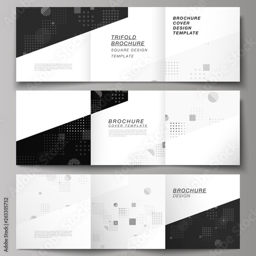 The black colored minimal vector illustration of editable layout. Modern creative covers design templates for trifold square brochure or flyer. Abstract vector background with fluid geometric shapes.