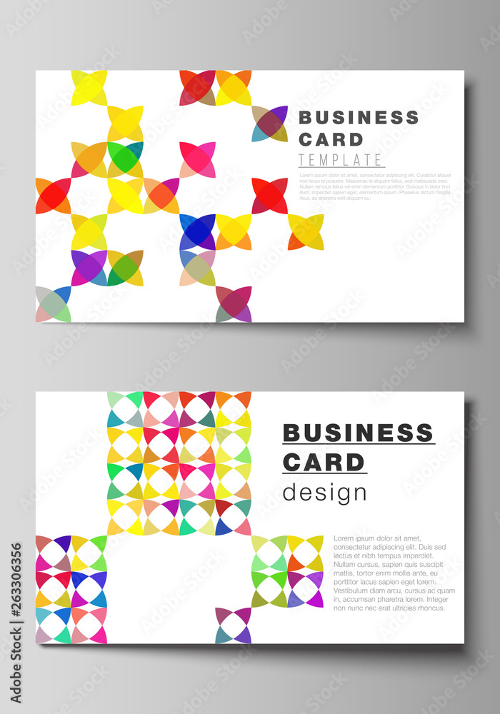 The minimalistic abstract vector illustration of editable layout of two creative business cards design templates. Abstract background, geometric mosaic pattern with bright circles, geometric shapes.