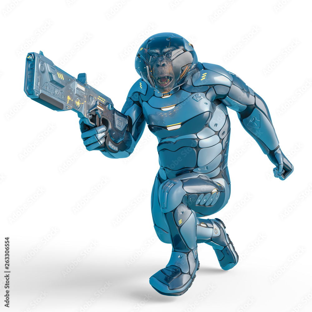 chimpanzee astronaut running with a laser gun in a white background chimpanzee astronaut running with a laser gun in a white background
