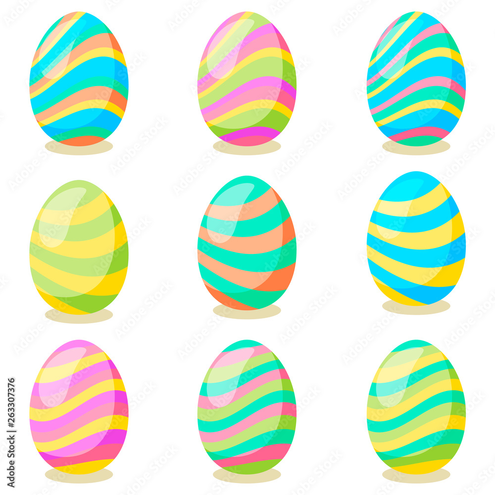 Happy Easter card. Set of cute Easter eggs with different texture on a white background. Spring holiday. Vector Illustration.Happy easter eggs