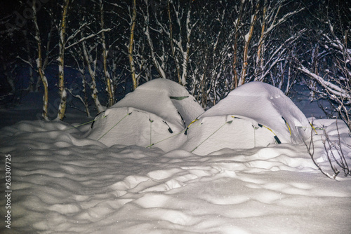 Winter Camping Near Kalle on Lofoten Archipelago in the Arctic Circle in Norway photo