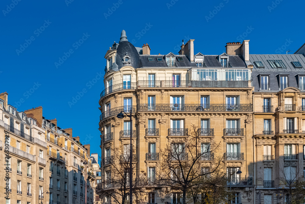 Paris, ancient buildings, typical apartments in a luxurious neighborhood  