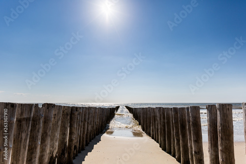 Nordseestrand in Holland blauer Himmel Blick zwischen die Buhnen