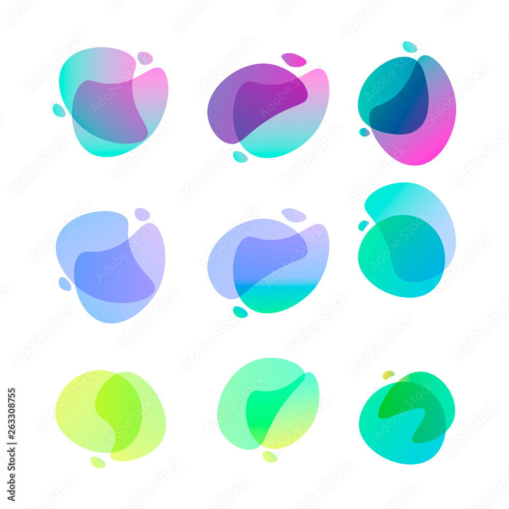 Bright abstract shapes. Set of nine gradient colored forms. Flowing liquid stains. Watercolor stains. Easy to edit vector element of design for banners, logo, etc - obrazy, fototapety, plakaty 
