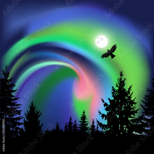 Coniferous trees.  Flying eagle. Green, pink and blue northern lights.