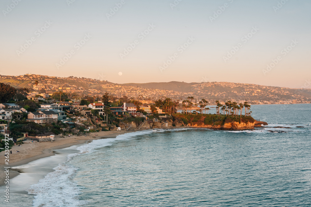 Sunset view of Crescent Bay in Laguna Beach, Orange County, California
