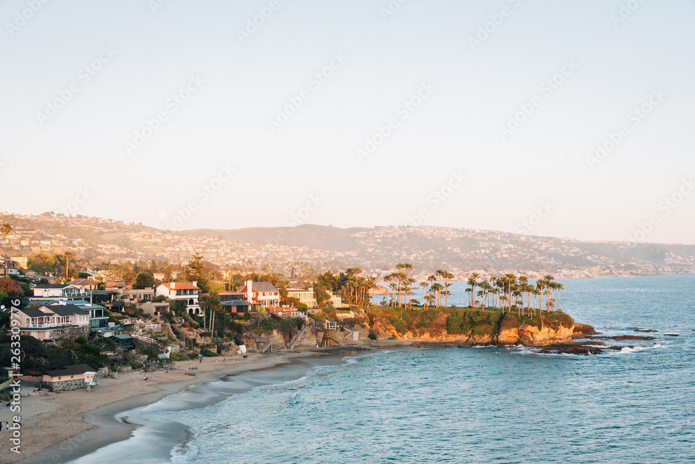 Sunset view of Crescent Bay in Laguna Beach, Orange County, California