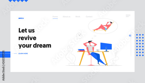 Businessman Relaxing at Office Workplace and Dreaming Vacation Banner. Male Character Sitting at Work Table with Computer Thinking about Beach Website Landing Page. Flat Vector Cartoon Illustration