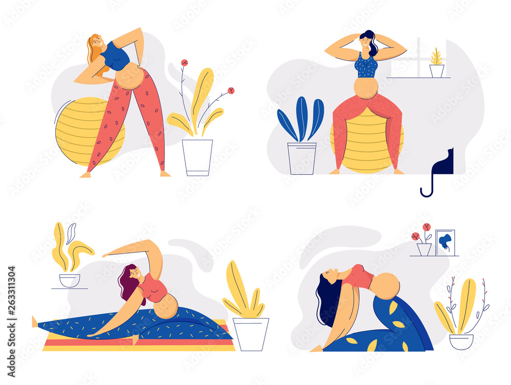 Pregnant Woman in Yoga Poses. Young Pregnancy Mother Exercises Aerobics. Sport Healthy Lifestyle Maternity Concept. Pregnant Girl with Belly Training. Vector flat cartoon illustration