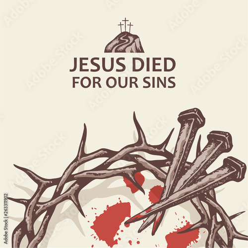 image of jesus nails with thorn crown and blood isolated on white backgroun
