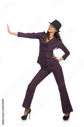 Woman wearing striped costume isolated on white