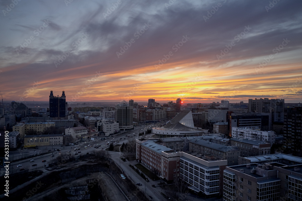 aerial shot of the Siberian capital Novosibirsk city at sunset