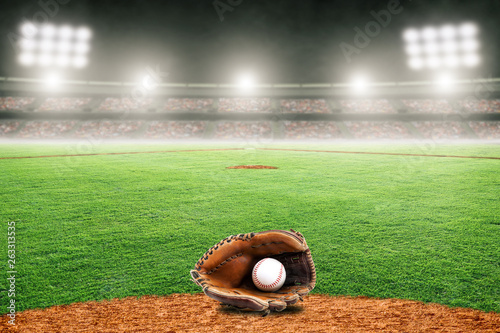 Baseball Glove on Field in Outdoor Stadium With Copy Space