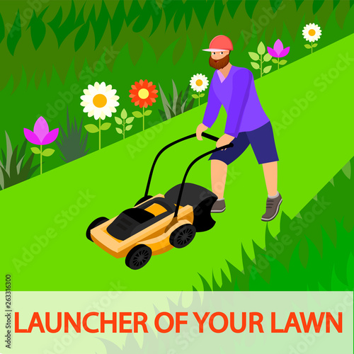 Flat Vector Inscription Launcher of Your Lawn.