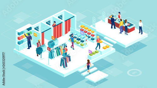 vector of people men and women shopping together at the shopping mall buying clothing