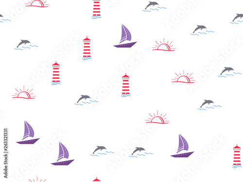 Marine, ship, sun, summer seamless pattern. Yachts, sailboat, boats, dolphins, cute doodle baby elements. Sea summer background. Childish background for fabric, baby clothes, Hand drown elements