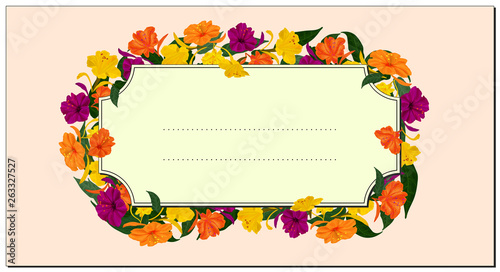 Beautiful greeting card, invitation, business card with a bright floral pattern. Botanical ornament of flowers Mirabilis. Copy space.