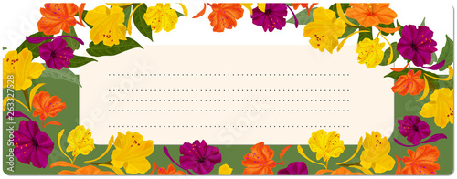 Postcard, invitation, business card with a bright botanical ornament of flowers Mirabilis lilac and yellow. Copy space.
