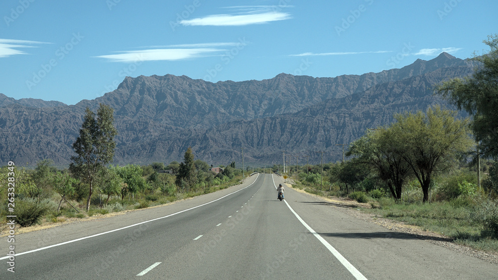 La Rioja, Argentina - 2018: The view alongside route 76, with mountains in the background La Rioja, Argentina - 2018: The view alongside route 76, with mountains in the background
